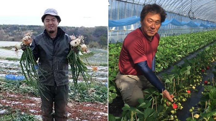 フェアで販売するＪＡ島原雲仙の新玉ねぎを手にする生産者・温暖な気候の八女地域で育つ「博多あまおう」の生産者