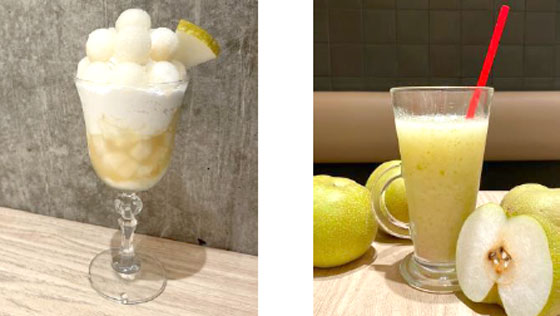 みのりカフェアミュプラザ博多店で提供する「梨のパフェ」（左）、「梨のフレッシュジュース」