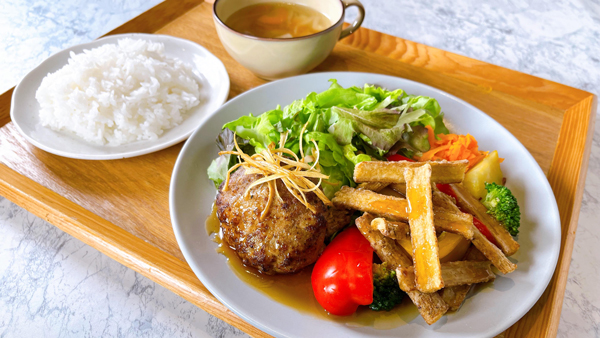 連島ごぼうと彩り野菜の黒酢あんかけ＆自家製ハンバーグ定食