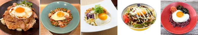 左から、札幌店で提供の「北海道めだま焼きぶた丼」（1529円）、 銀座店で提供の「横浜めだま焼きナポリ丼」（1890円・税込）、 京都店で提供の「京都めだま焼きつけもの丼」（1430円・税込）、 広島店で提供の「広島風めだま焼きお好み丼」（1419円・税込）、 福岡店で提供の「博多めだま焼きめんたい丼」（1199円・税込）