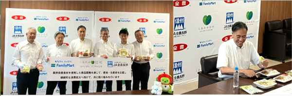 長野県庁で「信州の味」6商品を披露（左）と、長野県産農産物を使った商品を試食する阿部知事