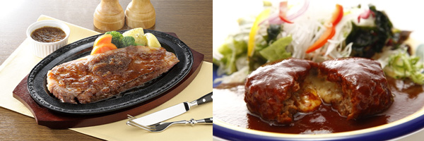 上州牛サーロインステーキ（左）とGGCチーズインハンバーグ（右）