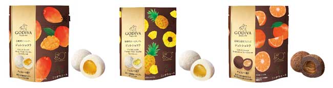 左から「宮崎県産マンゴー ジュレショコラ ホワイトチョコレート」、「沖縄県産パイナップル ジュレショコラ ホワイトチョコレート」、「愛媛県産紅まどんな ジュレショコラ ダークチョコレート」