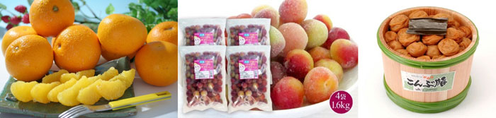 左から、樹成八朔　約4kg（約12玉～15玉）、冷凍パープルクィーン　400g×4袋（計1.6kg）（紀南）、紀州みなべの南高梅 こんぶ梅1.5kg【木樽・化粧箱】塩分:約10％ （紀州）