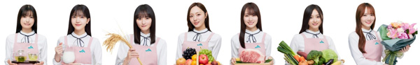 動画に出演する乃木坂46メンバーと「推し食材」。左から、五百城茉央（茶）、久保史緒里（牛乳）、遠藤さくら（米）、梅澤美波（果物）、賀喜遥香（肉）、井上和（野菜）、田村真佑（花）