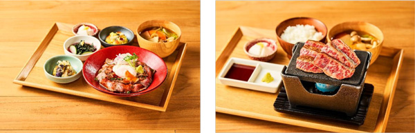 「能登牛」が堪能できる自家製ローストビーフ丼（左）と溶岩ステーキ定食