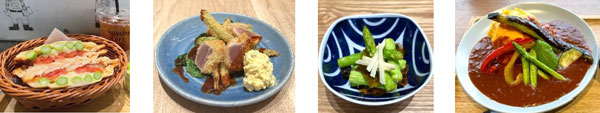 左から、アスパラチキンチーズサンド（670円）提供：みのりカフェ銀座店、 アスパラフライとヨコワマグロのレアかつ自家製タルタルソース定食（1166円）提供：みのりカフェ博多店、 夏アスパラガスの煮浸しさっぱりジュレがけ/定食の小鉢として提供：みのりカフェ長崎店、 旬野菜のふわとろオムライスプレート（1199円）提供：みのりカフェ季楽佐賀店