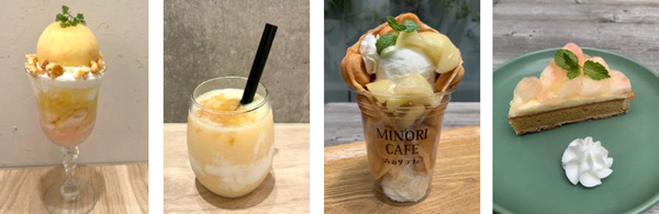 左から、みのりカフェ博多店で提供される、ももパフェ（1496円）、ももスムージー（968円）と、みのりカフェ福岡パルコ店で提供される、ももバブルワッフル（1189円）、ももタルト（759円）