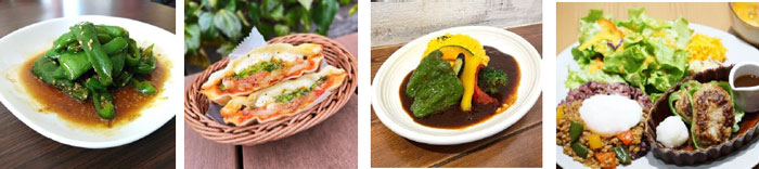ひだりから、グリルみのるエスパル仙台店で提供する「ピーマンの胡麻カリージャン炒め」 みのりカフェ三越銀座店で提供する「ピーマンととろーりチーズの野菜ピザホットサンド」 みのりカフェ福岡パルコ店で提供する「ピーマン入り旬野菜とふわとろデミオムライス」 カフェ＆ダイニングみのりとみのるアミュプラザ大分店で提供する「肉詰めピーマンと鶏そぼろライスプレート」