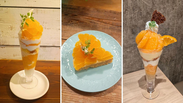 左から「鹿児島県大将季のソフトクリームパフェ（1419円）」、「鹿児島県産大将季のタルト（869円）」（みのりカフェ福岡パルコ）、「鹿児島県産大将季とレアチーズ風パフェ（1496円）」（みのりカフェアミュプラザ博多）