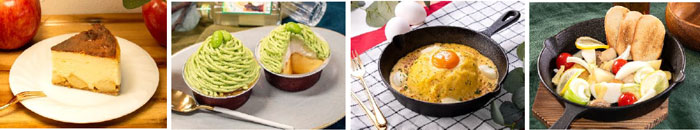 左から、みのりカフェで提供する「りんごのキャラメリゼ蔵王チーズケーキ」（759円）、 「秋田県産枝豆使用ずんずんモンブランプリン」（759円）、 グリルみのるで提供する「仙台味噌の肉味噌入り蔵王チーズカルボナーラライス」（1419円）、 「ゴロゴロ野菜ととろとろ蔵王チーズアヒージョ」（869円）