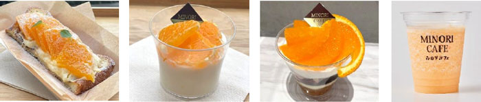 左から、みのりカフェ三越銀座店で提供する「フレンチトースト」（500円）、 「パンナコッタ」（450円）、 みのりカフェエキエ広島店で提供する「パフェ」（495円）、 みのりカフェ季楽コムボックス佐賀駅前店で提供する「スムージー」（638円）