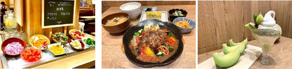 左から、サラダビュッフェ、 くまもとあか牛ハンバーグ定食熊本県産トマトのラタトュイユソース（1749円・税込）、 熊本県産メロンパフェ（1309円・税込）