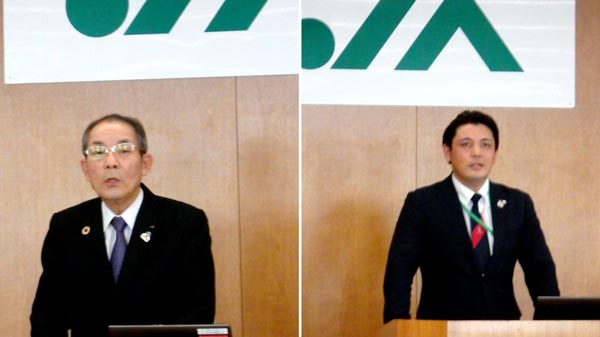 左から、新採用職員を激励する中家徹JA全中会長、連帯を呼び掛ける柿嶌洋一全青協会長