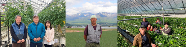 左から、めぐりとまとAzukiの生産者、ＪＡふらの「玉ねぎ」の生産者、ＪＡ島原雲仙いちご（ゆめのか・恋みのり）の生産者