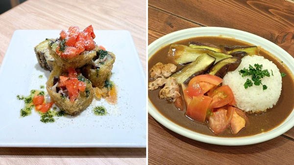 左：博多店の「博多なすと博多のトマトの モッツアレラチーズミルフィーユカツ定食」（1529円）、右：パルコ店の「博多なすと博多のトマトチキンカレー 」（1320円）※写真はイメージ、価格は税込・店内価格