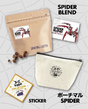 POP UP TOURアイテムの「SPIDER BLEND」、「ポーチマルSPIDER」とPOP UP TOUR長崎限定ステッカー