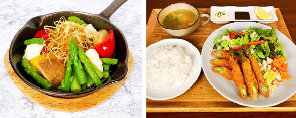 岡山県産アスパラガス・ごぼう使用ごろごろ野菜とチーズのアヒージョ（825円）・岡山県産アスパラガス生ハム巻きフライ定食（1529円）