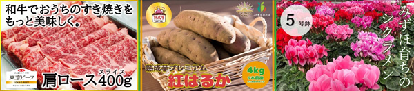 左から、東京都産和牛　東京ビーフ　肩ロース（すき焼き用）、ＪＡ東京あおば「熟成芋プレミアム紅はるか」、みずほ育ちのシクラメン　5号鉢