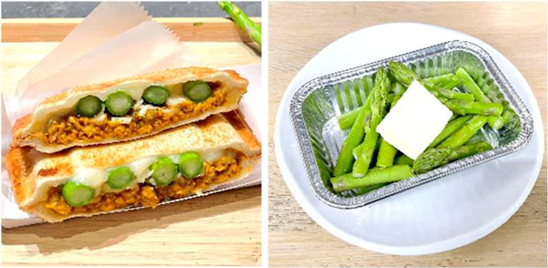 みのりカフェ銀座で提供する「九州産アスパラガス入り～大豆ミートとチーズのキーマカレーホットサンド（670円・税込）和牛とごはん焼肉じゅん 枚方で提供の「九州産アスパラガスの バター焼き」（319円・税込）