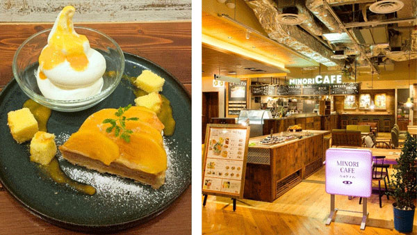 左から、みのりカフェ福岡パルコ店11周年セット 「福岡県産富有柿のタルトのスイーツプレート」（特別価格1100円・税込）とみのりカフェ福岡パルコ店