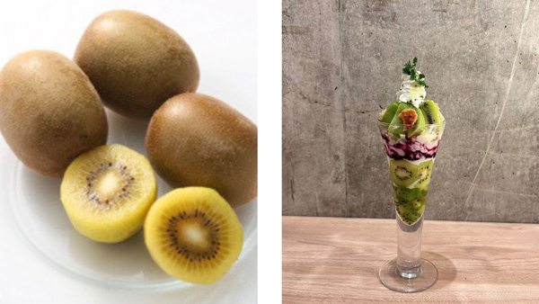 福岡県産キウイフルーツ「博多甘熟娘」（左）と博多甘熟娘パフェ（1342円）