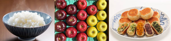 左から、長野の米、長野県産りんご、信州の郷土食　おやき