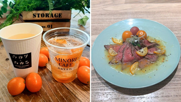 「鹿児島県産きんかんのレモネード風」（539円・みのりカフェ福岡パルコ）（左）と「鹿児島県産金柑と糸島ミニトマトの甘酢漬け 博多和牛ローストビーフ～きんかんソース～」（1496円・みのりカフェアミュプラザ博多）