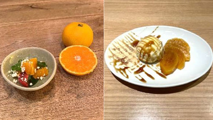 みかんとチーズのサラダ（みのる 食堂三越銀座店）セットメニュー提供・富有柿のコンポートと黒蜜きな粉のバニラアイス（焼肉 ぴゅあ大手町店）