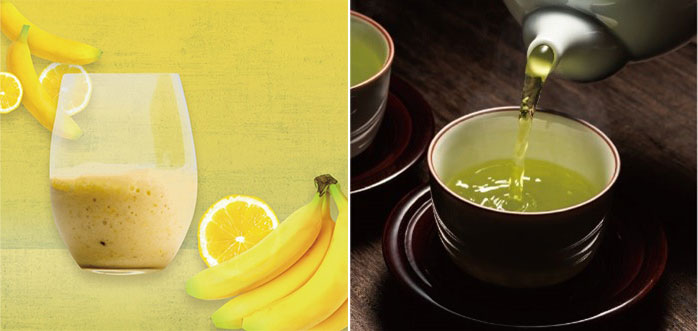 カフェメニューの「鹿児島県産 神バナナジュース」・「大分県産 神の山参茶」