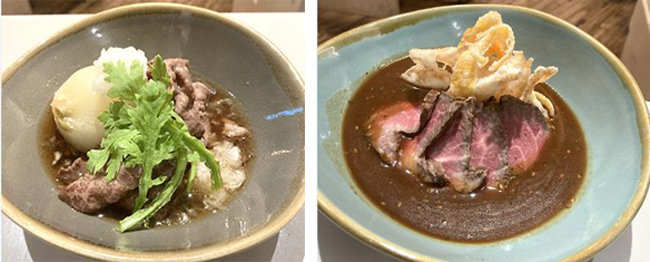 博多和牛と丸ごと玉ねぎのすき煮定食（1518円・税込）（左）、博多和牛ローストビーフのスープカレー（1408円・税込）
