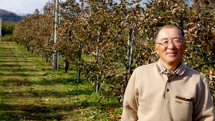 自分のリンゴ園での田澤俊則氏