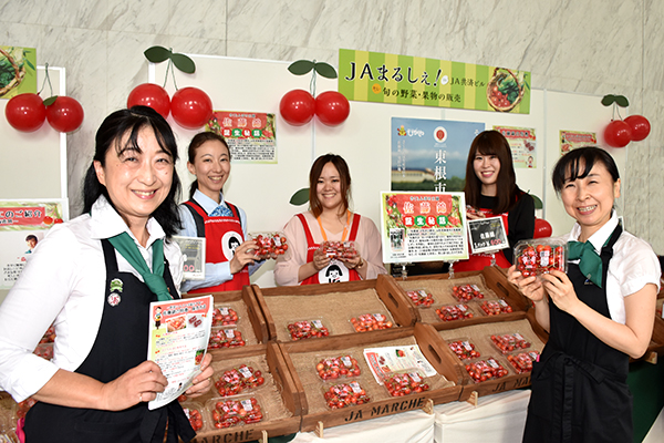 「佐藤錦」をＰＲするＪＡ共済連の職員と野菜ソムリエ