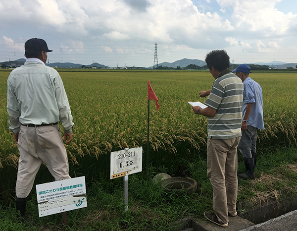 ＧＡＰ認証で水田を回る老蘇地区の集落営農法人のメンバー