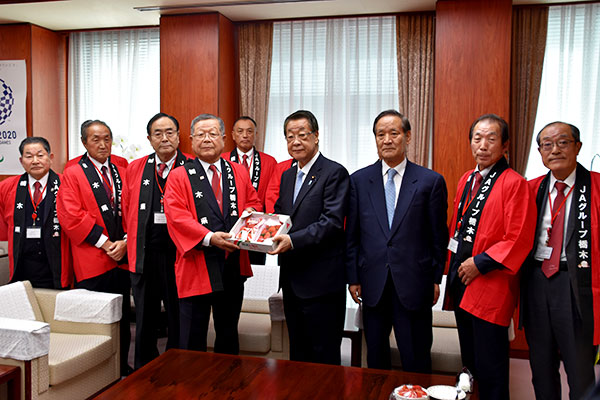 栃木産のイチゴを贈り、吉川農水大臣（前列右から４人目）にＰＲする高橋会長（同5人目）ら