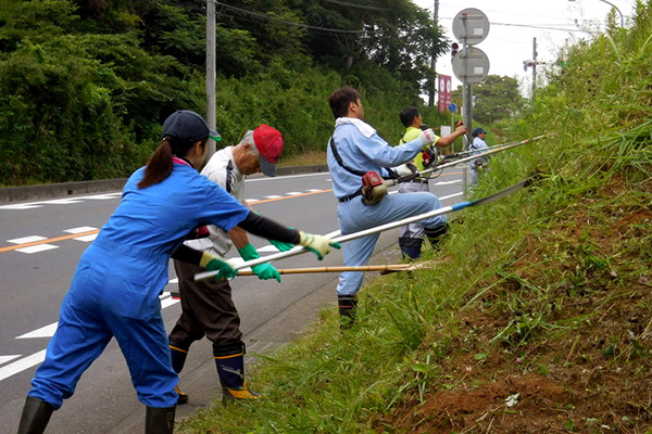 奉仕活動で地域の草刈りをする農協職員