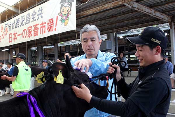 地域・組合員とのつながり深めて 家畜市場で組合員と話す下小野田組合長