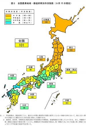 全国農業地域・都道府県別作況指数（９月15 日現在）