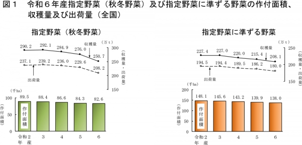 図1：令和6年産指定野菜（秋冬野菜）及び指定野菜に準ずる野菜の作付面積、収穫量及び出荷量（全国）