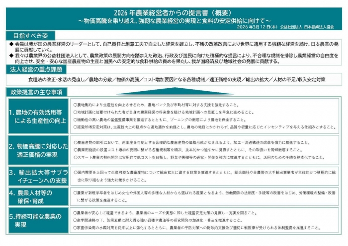 公益財団法人・日本農業法人協会「2026年農業経営者からの提言書」の概要
