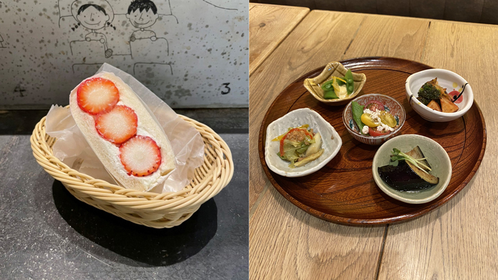 みのりカフェ 三越銀座店の「章姫のフルーツサンド」（単品600円）（左）、豊橋産野菜を使ったみのる食堂 三越銀座店の「惣菜各種」