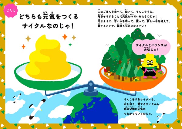 最終問題は、難しい課題でもダイレクトに伝えることができる「うんこ謎かけ」。うんこドリルならではのアプローチで森林の大切さを伝える