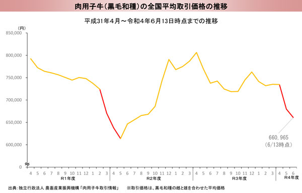 肉用子牛（黒毛和種）の全国平均取引価格の推移