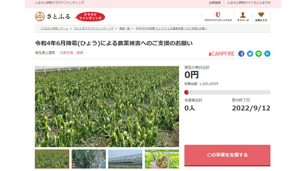 「さとふる」で降雹被害の農業者を支援　寄付を受付開始　埼玉県上里町