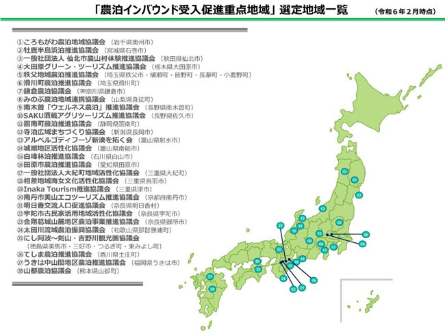 「農泊インバウンド受入促進重点地域」に選定された28地域