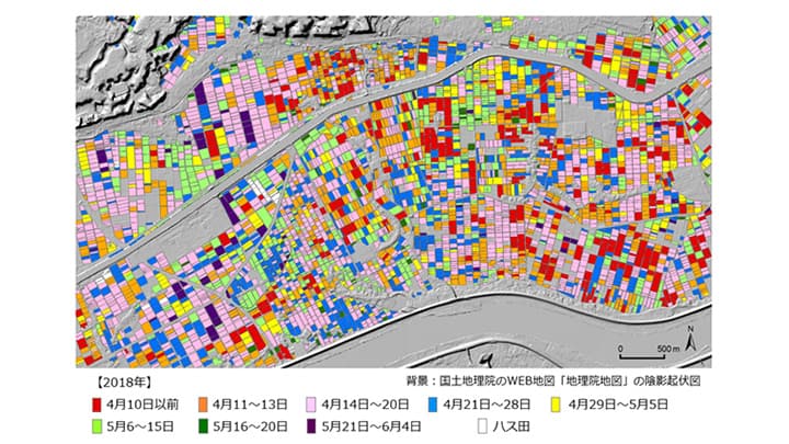 地球観測衛星データを用いて作成した2018年の水田取水開始時期マップ（茨城県稲敷市の一部）