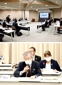 意見交換会の様子(上段)、久間理事長(下段)