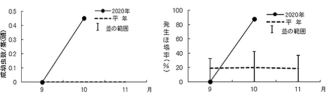 「今期と平年の発生推移」と「 発生ほ場率の推移」