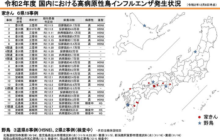 令和２年度　国内における高病原性鳥インフルンザ発生状況　１２月８日時点