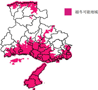 低温期の気温から推定されるジャンボタニシの越冬可能地域　メッシュ農業気象データ（平年気温データ）を用いた低温積算温度(小澤・牧野,1988)の推定（積算期間：10月1日～翌年3月31日）